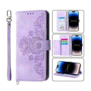 For iPhone 14 Pro Max Skin-feel Flowers Embossed Wallet Leather Phone Case(Purple)