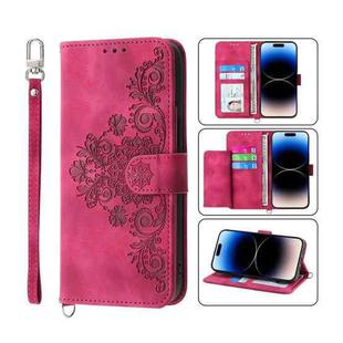 For iPhone 14 Pro Max Skin-feel Flowers Embossed Wallet Leather Phone Case(Wine Red)