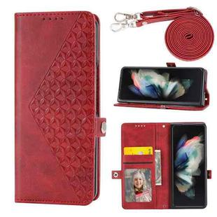 For Samsung Galaxy Z Fold4 Cubic Grid Calf Texture Leather Phone Case with Neck Lanyard(Red)