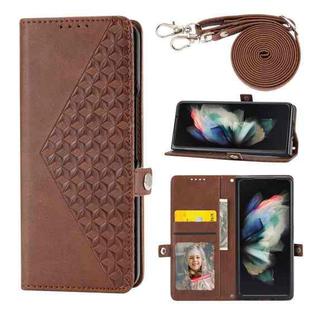For Samsung Galaxy Z Fold4 Cubic Grid Calf Texture Leather Phone Case with Neck Lanyard(Brown)