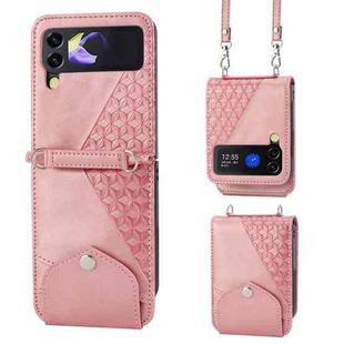 For Samsung Galaxy Z Flip4 Cubic Grid Calf Texture Leather Phone Case with Neck Lanyard(Rose Gold)