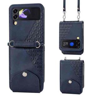 For Samsung Galaxy Z Flip4 Cubic Grid Calf Texture Leather Phone Case with Neck Lanyard(Blue)