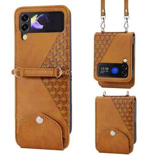 For Samsung Galaxy Z Flip4 Cubic Grid Calf Texture Leather Phone Case with Neck Lanyard(Yellow)