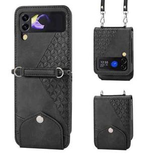 For Samsung Galaxy Z Flip3 5G Cubic Grid Calf Texture Leather Phone Case with Neck Lanyard(Black)