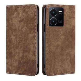 For vivo Y35 4G / Y22 / Y22s RFID Anti-theft Brush Magnetic Leather Phone Case(Brown)