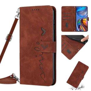For Motorola Moto E32 4G/E32s Skin Feel Heart Pattern Leather Phone Case With Lanyard(Brown)