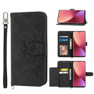 For Xiaomi 12 / 12X Skin-feel Flowers Embossed Wallet Leather Phone Case(Black)