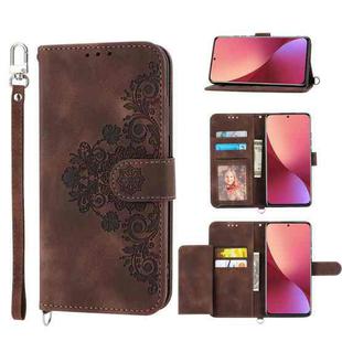 For Xiaomi 12 / 12X Skin-feel Flowers Embossed Wallet Leather Phone Case(Brown)