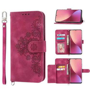 For Xiaomi 12T / 12T Pro / Redmi K50 Ultra Skin-feel Flowers Embossed Wallet Leather Phone Case(Wine Red)