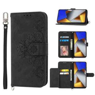 For Xiaomi Poco M4 Pro 4G Skin-feel Flowers Embossed Wallet Leather Phone Case(Black)