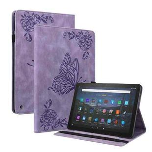 For Amazon Kindle Fire 7 2022 Butterfly Flower Embossed Leather Tablet Case(Purple)
