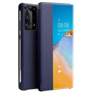 For Huawei P40 QIALINO Litchi Texture Side Window View Leather Phone Case(Blue)