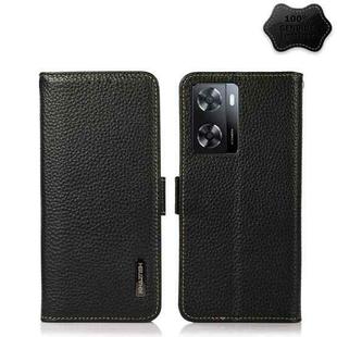 For OPPO A77 4G JP Version/A57 4G KHAZNEH Side-Magnetic Litchi Genuine Leather RFID Phone Case(Black)