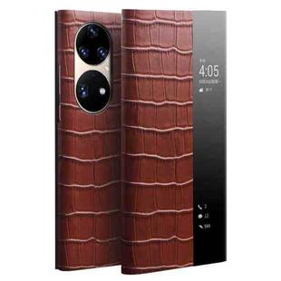 For Huawei P50 QIALINO Crocodile Pattern Side Window View Genuine Leather Phone Case(Brown)