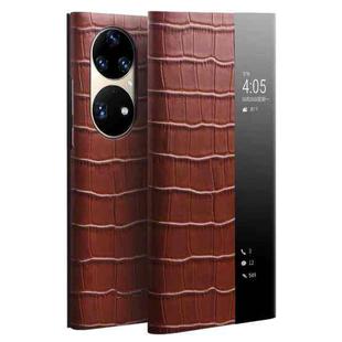 For Huawei P50 Pro QIALINO Crocodile Pattern Side Window View Genuine Leather Phone Case(Brown)