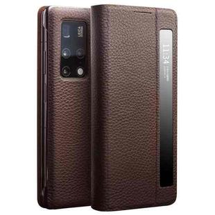 For Huawei Mate X2 QIALINO Genuine Leather Side Window View Smart Phone Case(Brown)