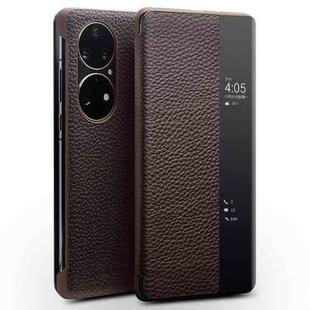 For Huawei P50 QIALINO Genuine Leather Side Window View Smart Phone Case(Brown)
