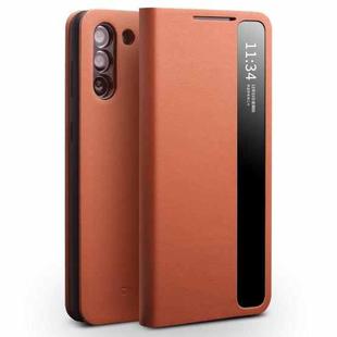 For Samsung Galaxy S21+ 5G QIALINO Genuine Leather Side Window View Smart Phone Case(Brown)