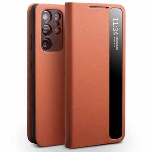 For Samsung Galaxy S21 Ultra 5G QIALINO Genuine Leather Side Window View Smart Phone Case(Brown)