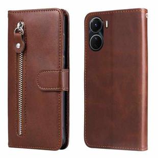 For vivo Y16 / Y02s Calf Texture Zipper Leather Phone Case(Brown)