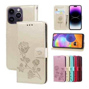 For iPhone 14 Pro Max Rose Embossed Flip PU Leather Phone Case(Gold)