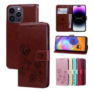 For iPhone 14 Pro Max Rose Embossed Flip PU Leather Phone Case(Brown)