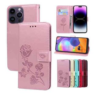 For iPhone 14 Pro Max Rose Embossed Flip PU Leather Phone Case(Rose Gold)