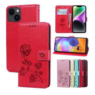 For iPhone 14 Rose Embossed Flip PU Leather Phone Case(Red)