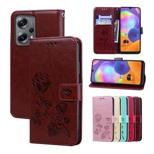For Xiaomi Redmi Note 11T Pro 5G Rose Embossed Flip PU Leather Phone Case(Brown)