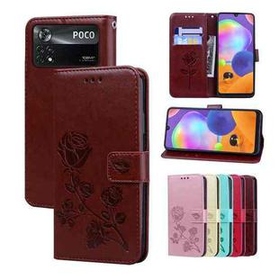 For Xiaomi Poco X4 Pro 5G Rose Embossed Flip PU Leather Phone Case(Brown)