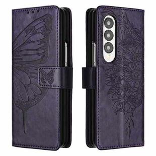 For Samsung Galaxy Z Fold3 5G Embossed Butterfly Leather Phone Case(Dark Purple)