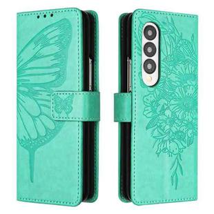For Samsung Galaxy Z Fold3 5G Embossed Butterfly Leather Phone Case(Green)