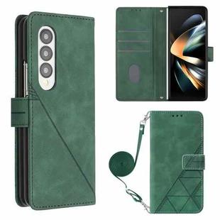 For Samsung Galaxy Z Fold4 Crossbody 3D Embossed Flip Leather Phone Case(Dark Green)