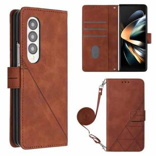 For Samsung Galaxy Z Fold4 Crossbody 3D Embossed Flip Leather Phone Case(Brown)