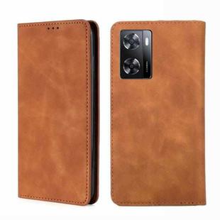 For OPPO A57s 4G / A57e 4G Skin Feel Magnetic Flip Leather Phone Case(Light Brown)