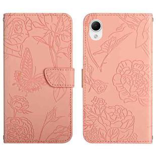 For Samsung Galaxy A23 5G JP Version HT03 Skin Feel Butterfly Embossed Flip Leather Phone Case(Pink)