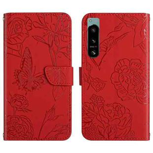 For Sony Xperia 5 IV HT03 Skin Feel Butterfly Embossed Flip Leather Phone Case(Red)