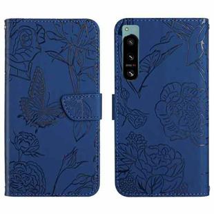 For Sony Xperia 5 IV HT03 Skin Feel Butterfly Embossed Flip Leather Phone Case(Blue)