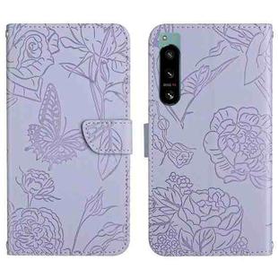 For Sony Xperia 5 IV HT03 Skin Feel Butterfly Embossed Flip Leather Phone Case(Purple)