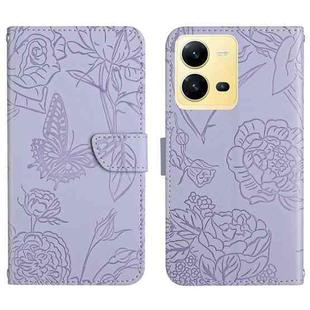 For vivo X80 Lite/V25 5G HT03 Skin Feel Butterfly Embossed Flip Leather Phone Case(Purple)