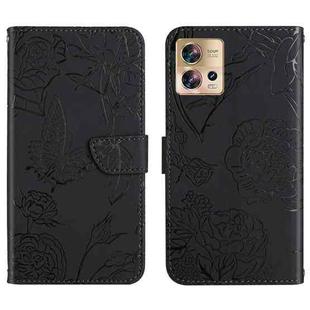 For Motorola Edge 30 Fusion/Moto S30 Pro HT03 Skin Feel Butterfly Embossed Flip Leather Phone Case(Black)