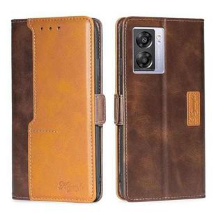 For OPPO K10 5G Global Contrast Color Side Buckle Leather Phone Case(Dark Brown+Gold)