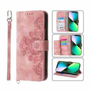 For iPhone 13 Pro Max Skin-feel Flowers Embossed Wallet Leather Phone Case(Pink)