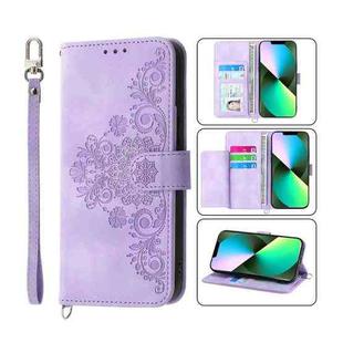 For iPhone 13 Pro Max Skin-feel Flowers Embossed Wallet Leather Phone Case(Purple)