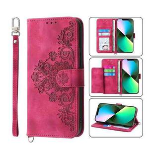 For iPhone 13 Pro Max Skin-feel Flowers Embossed Wallet Leather Phone Case(Wine Red)
