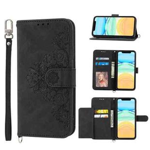 For iPhone 13 mini Skin-feel Flowers Embossed Wallet Leather Phone Case(Black)