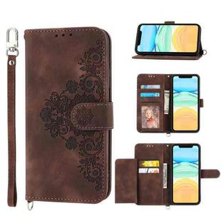 For iPhone 13 mini Skin-feel Flowers Embossed Wallet Leather Phone Case(Brown)
