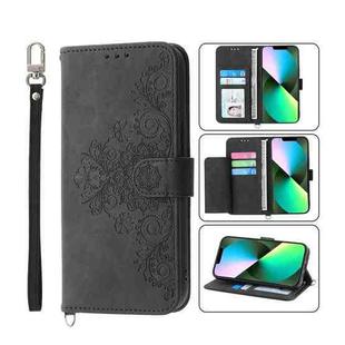 For iPhone 12 Pro Max Skin-feel Flowers Embossed Wallet Leather Phone Case(Black)