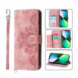 For iPhone 12 Pro Max Skin-feel Flowers Embossed Wallet Leather Phone Case(Pink)