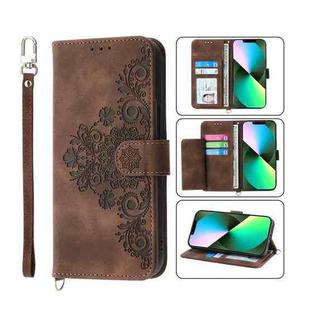 For iPhone 12 Pro Max Skin-feel Flowers Embossed Wallet Leather Phone Case(Brown)
